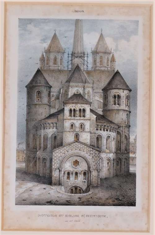 ORIGINAL 1840 HAND COLOR LITHOGRAPH BY EMILE SAGOT OF THE CATHEDRAL OF SAINT BENIGNUS IN DIJON FRANC