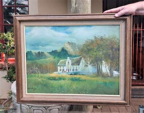 KEVIN HUANG VINTAGE OIL ON CANVAS PAINTING - FARMSTEAD WITH MOUNTAINS IN BACKGROUND