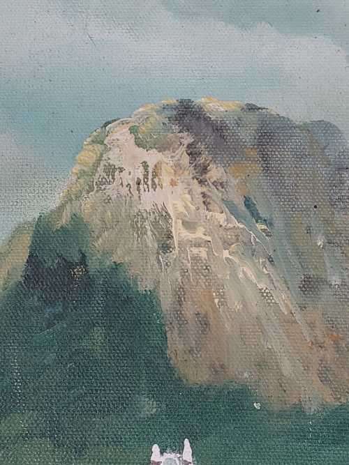 KEVIN HUANG VINTAGE OIL ON CANVAS PAINTING - FARMSTEAD WITH MOUNTAINS IN BACKGROUND