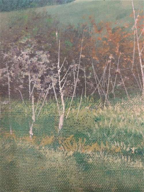 KEVIN HUANG VINTAGE OIL ON CANVAS PAINTING - FARMSTEAD WITH MOUNTAINS IN BACKGROUND