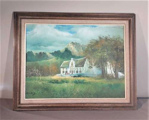 KEVIN HUANG VINTAGE OIL ON CANVAS PAINTING - FARMSTEAD WITH MOUNTAINS IN BACKGROUND