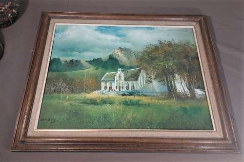 KEVIN HUANG VINTAGE OIL ON CANVAS PAINTING - FARMSTEAD WITH MOUNTAINS IN BACKGROUND