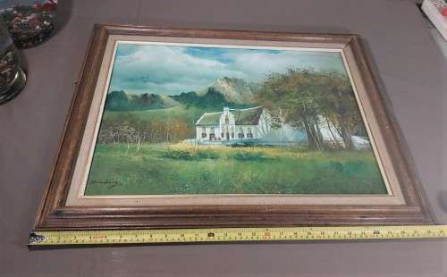 KEVIN HUANG VINTAGE OIL ON CANVAS PAINTING - FARMSTEAD WITH MOUNTAINS IN BACKGROUND