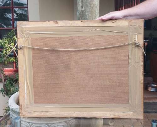 KEVIN HUANG VINTAGE OIL ON CANVAS PAINTING - FARMSTEAD WITH MOUNTAINS IN BACKGROUND