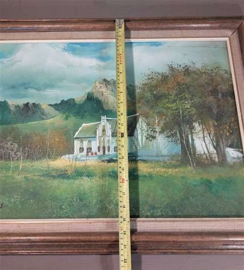 KEVIN HUANG VINTAGE OIL ON CANVAS PAINTING - FARMSTEAD WITH MOUNTAINS IN BACKGROUND