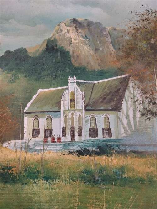 KEVIN HUANG VINTAGE OIL ON CANVAS PAINTING - FARMSTEAD WITH MOUNTAINS IN BACKGROUND