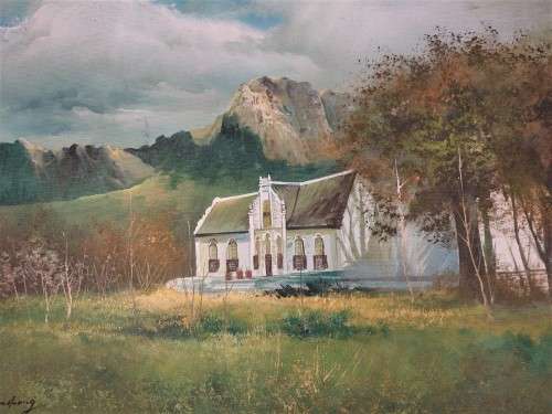 KEVIN HUANG VINTAGE OIL ON CANVAS PAINTING - FARMSTEAD WITH MOUNTAINS IN BACKGROUND