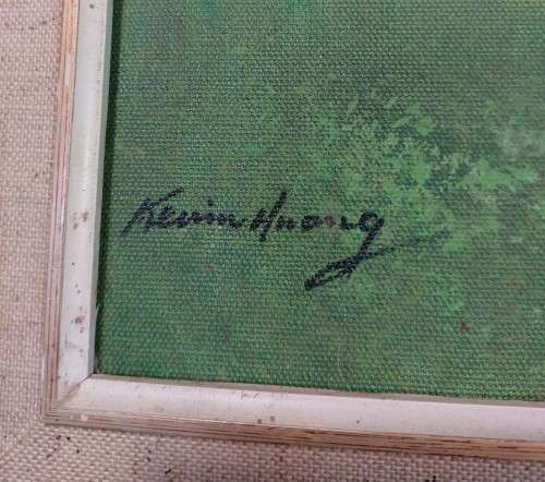 KEVIN HUANG VINTAGE OIL ON CANVAS PAINTING - FARMSTEAD WITH MOUNTAINS IN BACKGROUND