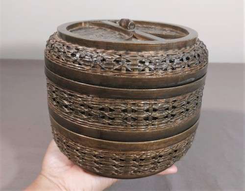CHINESE WOVEN BAMBOO TIFFIN (FOOD) BASKET WITH 3 COMPARTMENTS