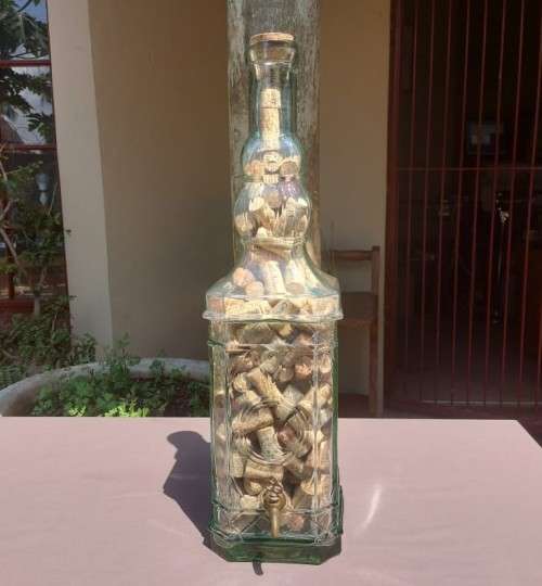 STUNNING GLASS TOWER WITH BRASS TAP 60CM HIGH FILLED WITH WINE CORKS  HANDMADE IN SPAIN BY LA MEDIT