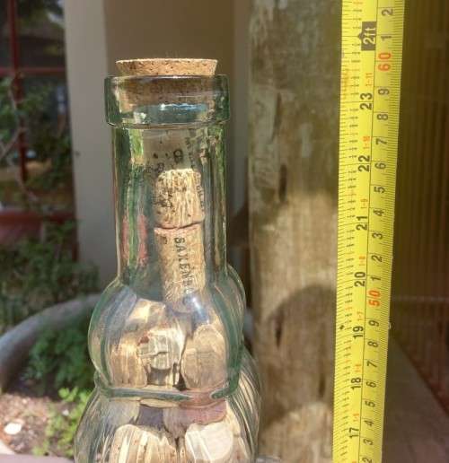 STUNNING GLASS TOWER WITH BRASS TAP 60CM HIGH FILLED WITH WINE CORKS  HANDMADE IN SPAIN BY LA MEDIT