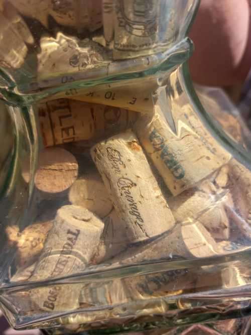 STUNNING GLASS TOWER WITH BRASS TAP 60CM HIGH FILLED WITH WINE CORKS  HANDMADE IN SPAIN BY LA MEDIT