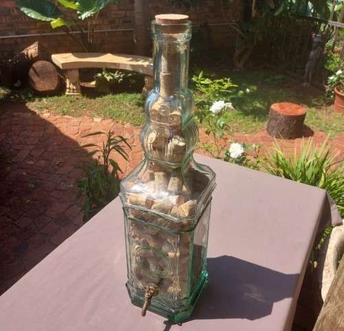 STUNNING GLASS TOWER WITH BRASS TAP 60CM HIGH FILLED WITH WINE CORKS  HANDMADE IN SPAIN BY LA MEDIT