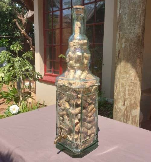STUNNING GLASS TOWER WITH BRASS TAP 60CM HIGH FILLED WITH WINE CORKS  HANDMADE IN SPAIN BY LA MEDIT