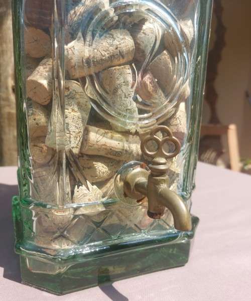 STUNNING GLASS TOWER WITH BRASS TAP 60CM HIGH FILLED WITH WINE CORKS  HANDMADE IN SPAIN BY LA MEDIT