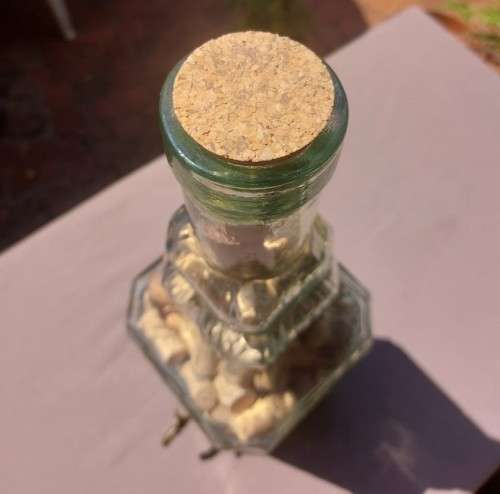 STUNNING GLASS TOWER WITH BRASS TAP 60CM HIGH FILLED WITH WINE CORKS  HANDMADE IN SPAIN BY LA MEDIT