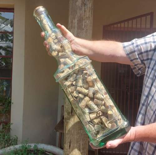 STUNNING GLASS TOWER WITH BRASS TAP 60CM HIGH FILLED WITH WINE CORKS  HANDMADE IN SPAIN BY LA MEDIT