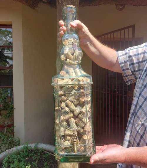 STUNNING GLASS TOWER WITH BRASS TAP 60CM HIGH FILLED WITH WINE CORKS  HANDMADE IN SPAIN BY LA MEDIT