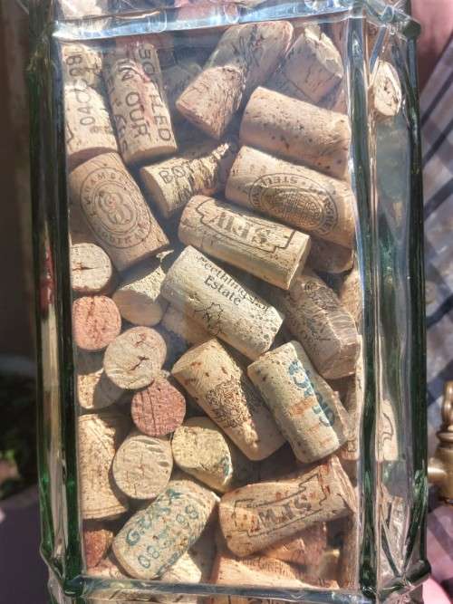 STUNNING GLASS TOWER WITH BRASS TAP 60CM HIGH FILLED WITH WINE CORKS  HANDMADE IN SPAIN BY LA MEDIT