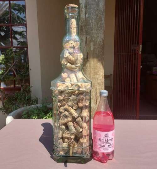 STUNNING GLASS TOWER WITH BRASS TAP 60CM HIGH FILLED WITH WINE CORKS  HANDMADE IN SPAIN BY LA MEDIT