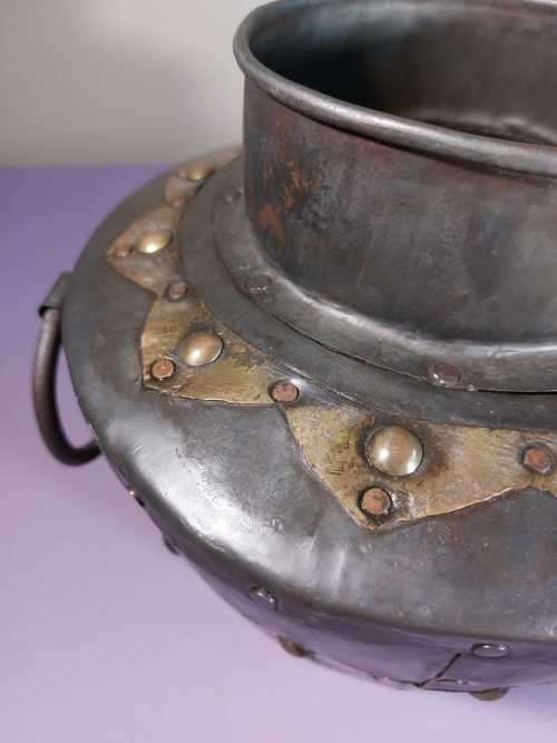 HANDMADE METAL WATER POT WITH RING HANDLES AND BRASS DECORATIONS MADE IN INDIA