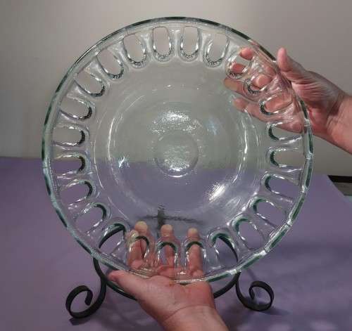 AWESOME LARGE 40CM DIAMETER NGWENYA GLASS BOWL ON A WROUGHT IRON BASE