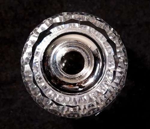 VINTAGE CHRYSTAL GLASS PERFUME BOTTLE WITH PURPLE COLOURED FACETTED STOPPER