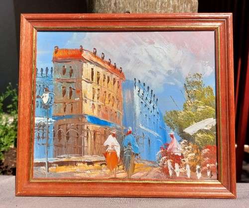 SELLING FLOWERS A CITYSCAPE ORIGINAL OIL PAINTING SIGNED BY ARTIST IN CORNER SMALL (27cm W x 23CM H)