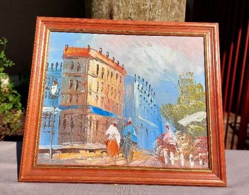 SELLING FLOWERS A CITYSCAPE ORIGINAL OIL PAINTING SIGNED BY ARTIST IN CORNER SMALL (27cm W x 23CM H)