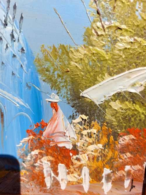 SELLING FLOWERS A CITYSCAPE ORIGINAL OIL PAINTING SIGNED BY ARTIST IN CORNER SMALL (27cm W x 23CM H)