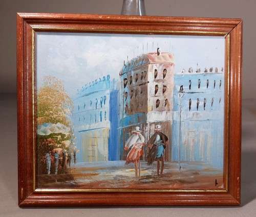 TWO PEOPLE WALKING A CITYSCAPE ORIGINAL OIL PAINTING SIGNED BY ARTIST IN CORNER SMALL (27CM W 23CM H