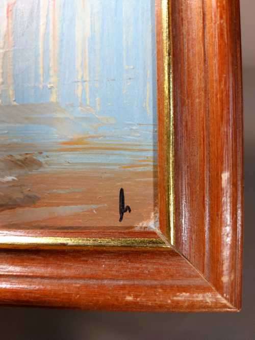 TWO PEOPLE WALKING A CITYSCAPE ORIGINAL OIL PAINTING SIGNED BY ARTIST IN CORNER SMALL (27CM W 23CM H