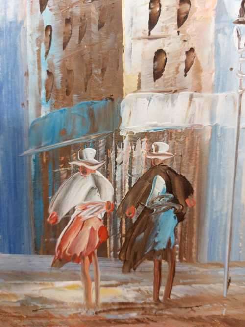 TWO PEOPLE WALKING A CITYSCAPE ORIGINAL OIL PAINTING SIGNED BY ARTIST IN CORNER SMALL (27CM W 23CM H
