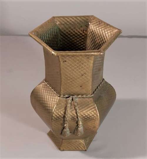 VINTAGE BRASS HEXAGON VASE LARGE 29CM HIGH WITH BRASS TOSSELS AND HAMMERED DIAMOND PATTERN