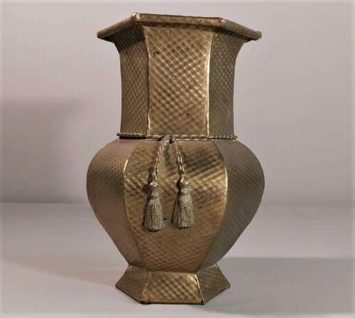 VINTAGE BRASS HEXAGON VASE LARGE 29CM HIGH WITH BRASS TOSSELS AND HAMMERED DIAMOND PATTERN