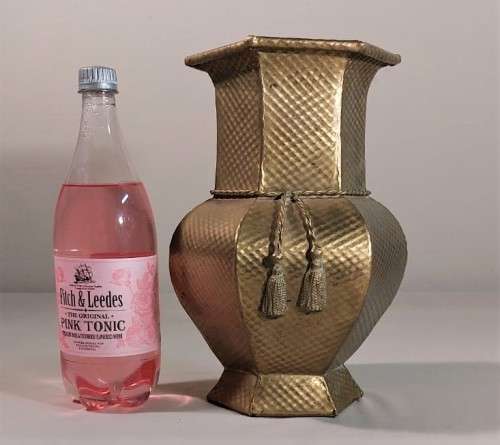VINTAGE BRASS HEXAGON VASE LARGE 29CM HIGH WITH BRASS TOSSELS AND HAMMERED DIAMOND PATTERN