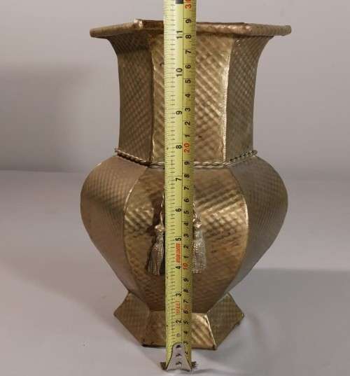 VINTAGE BRASS HEXAGON VASE LARGE 29CM HIGH WITH BRASS TOSSELS AND HAMMERED DIAMOND PATTERN