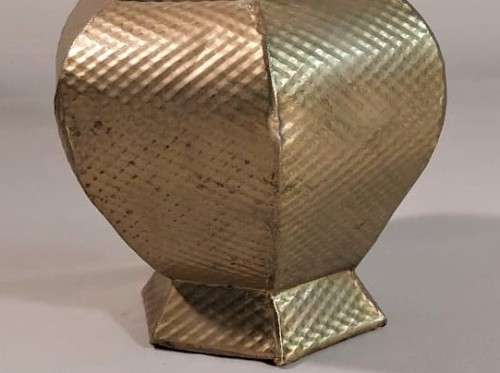VINTAGE BRASS HEXAGON VASE LARGE 29CM HIGH WITH BRASS TOSSELS AND HAMMERED DIAMOND PATTERN
