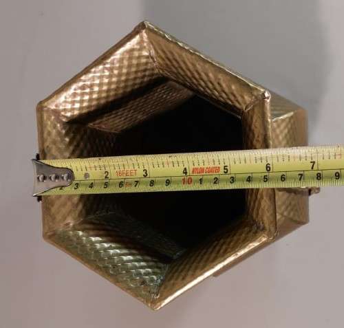 VINTAGE BRASS HEXAGON VASE LARGE 29CM HIGH WITH BRASS TOSSELS AND HAMMERED DIAMOND PATTERN