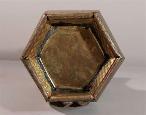 VINTAGE BRASS HEXAGON VASE LARGE 29CM HIGH WITH BRASS TOSSELS AND HAMMERED DIAMOND PATTERN