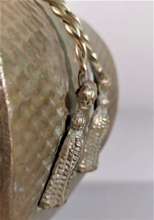 VINTAGE BRASS HEXAGON VASE LARGE 29CM HIGH WITH BRASS TOSSELS AND HAMMERED DIAMOND PATTERN