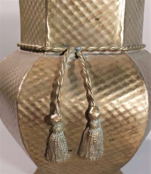 VINTAGE BRASS HEXAGON VASE LARGE 29CM HIGH WITH BRASS TOSSELS AND HAMMERED DIAMOND PATTERN