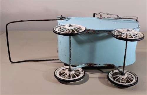 VINTAGE 1950S TRI-ANG DOLL PRAM IN A CYAN BLUE - NO HOOD BUT SUSPENSION OK AND WHEELS TURNS FREELY
