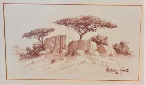 MALACHI SMITH!! (1948-2012) SA GRANDMASTER ORIGINAL SKETCH OF AN ROCKY OUTCROP SIGNED BY ARTIST 1986