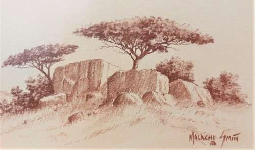 MALACHI SMITH!! (1948-2012) SA GRANDMASTER ORIGINAL SKETCH OF AN ROCKY OUTCROP SIGNED BY ARTIST 1986