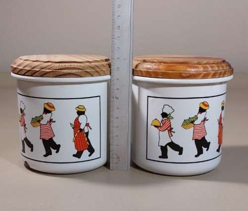 PAIR OF DECORATED ENAMEL SUGAR OR BISCUIT CONTAINERS WITH WOODEN LIDS