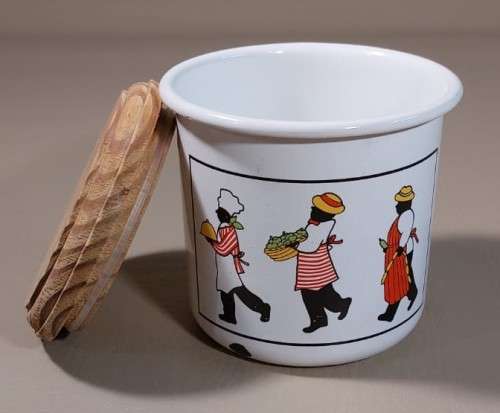 PAIR OF DECORATED ENAMEL SUGAR OR BISCUIT CONTAINERS WITH WOODEN LIDS