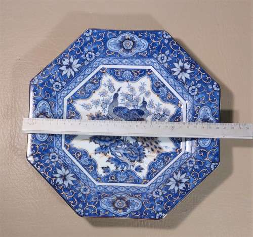 RARE OCTAGONAL (8-SIDED) IMARI JAPANESE PLATE WITH FLORAL AND PEACOCK DESIGN AND GOLD RIM