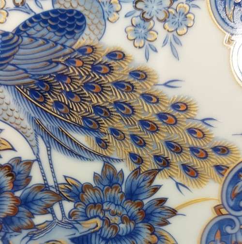 RARE OCTAGONAL (8-SIDED) IMARI JAPANESE PLATE WITH FLORAL AND PEACOCK DESIGN AND GOLD RIM