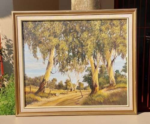 VINTAGE EUCALYPTUS TREES ORIGINAL OIL ON CANVAS PAINTING BY RELINE PRETORIUS LARGE 70CM W 60CM H